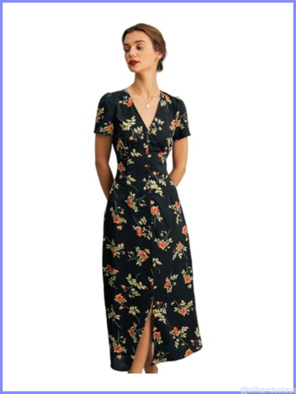 Women's Boho Floral Maxi Dress V-Neck Short Sleeve High Waist Sheath